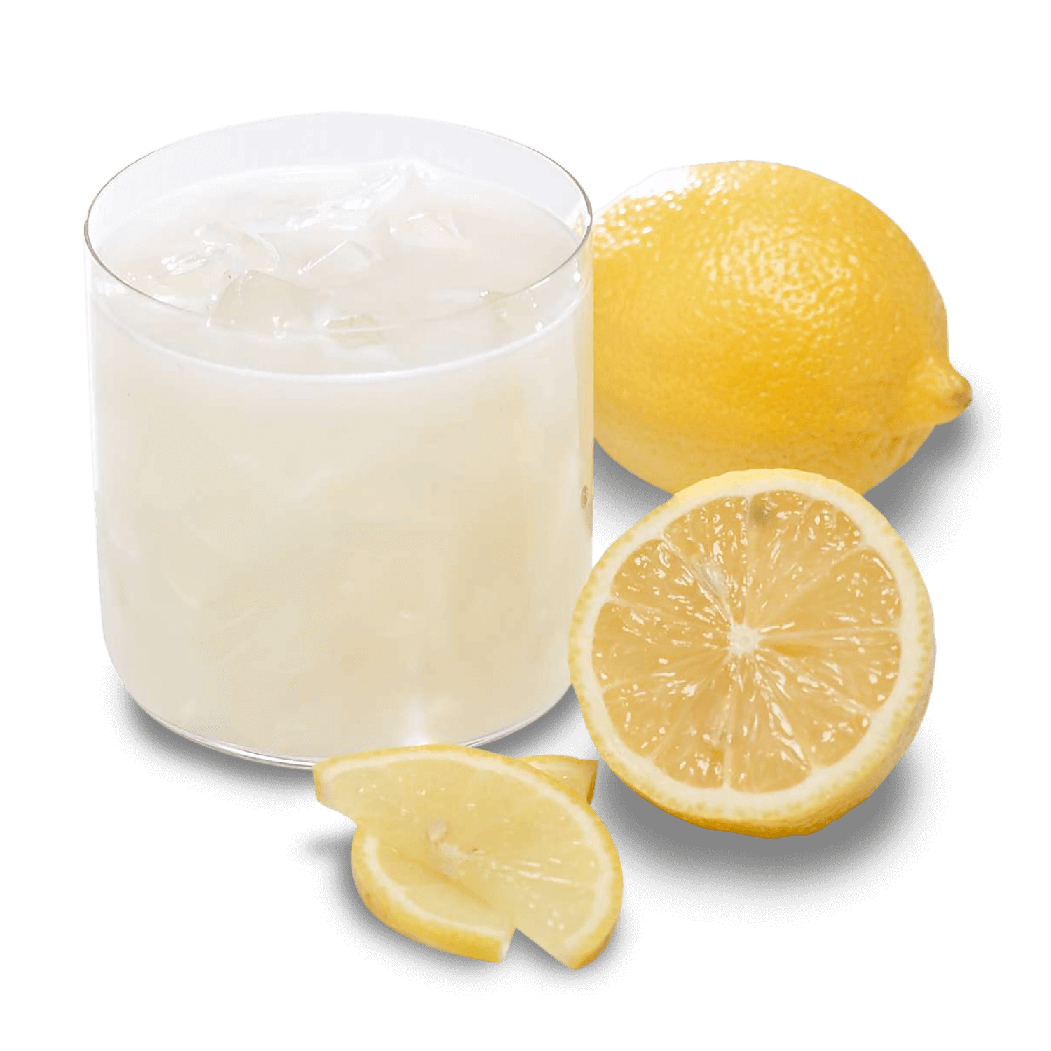 Refreshing protein drink with lemon slices and whole lemons, served over ice in a transparent glass.